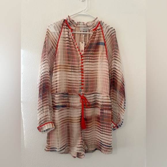 Anthropologie Pants - Anthropologie Adelyn Rae Grid Graphic Romper Sheer Sleeves NWT Size Medium